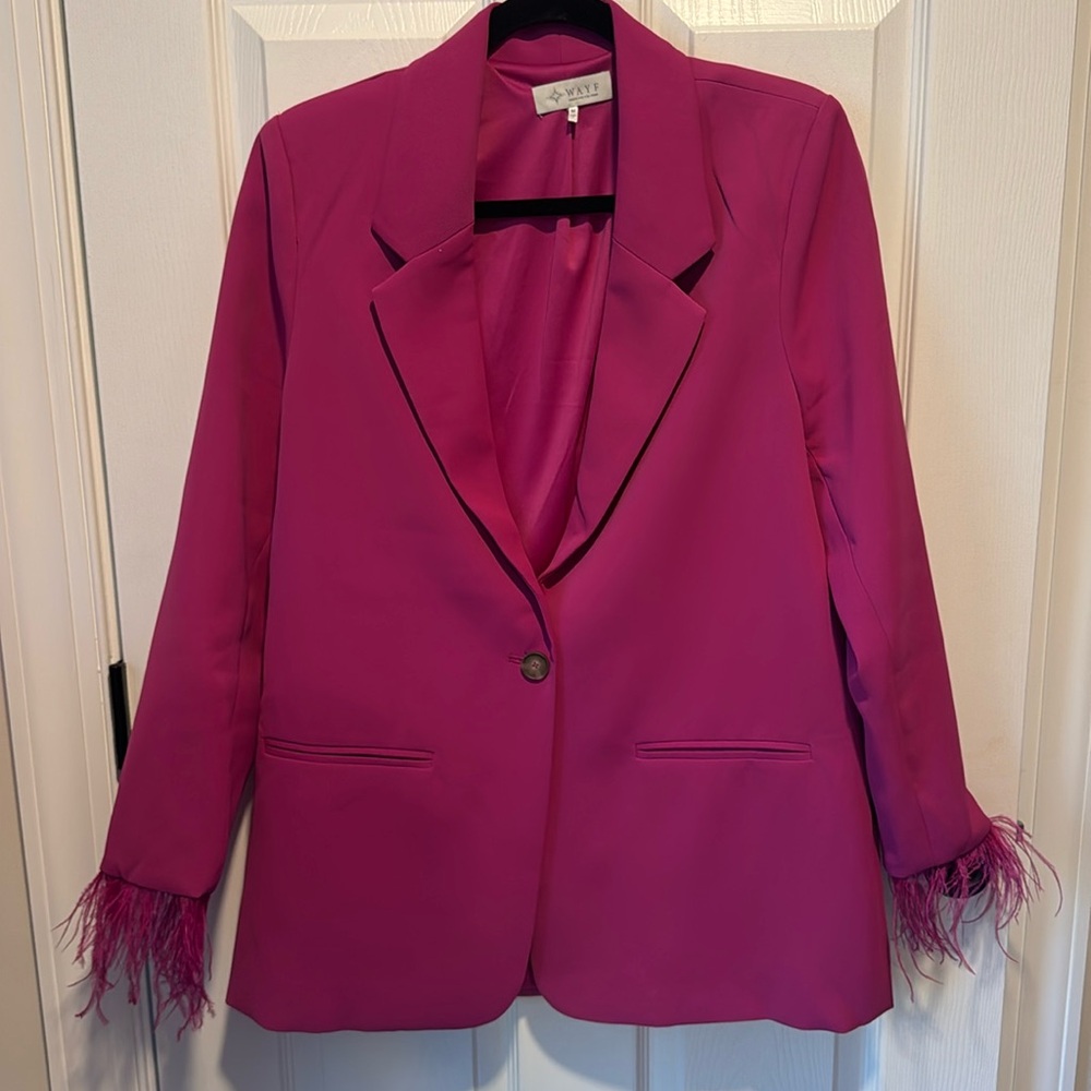 Magenta Long Line Feather Sleeved Blazer